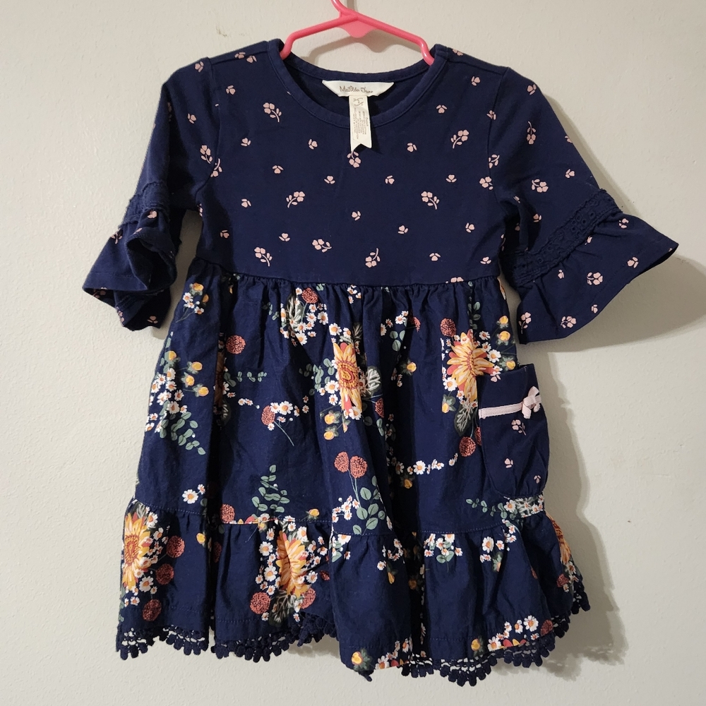 Matilda Jane floral Navy Kids callista Dress size 2  flare sleeve tiered ruffled